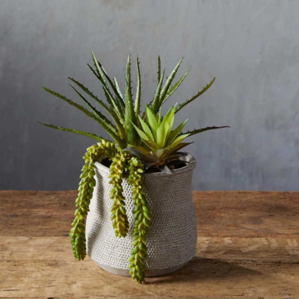 Basket-Texture Vase with Green Faux Botanicals